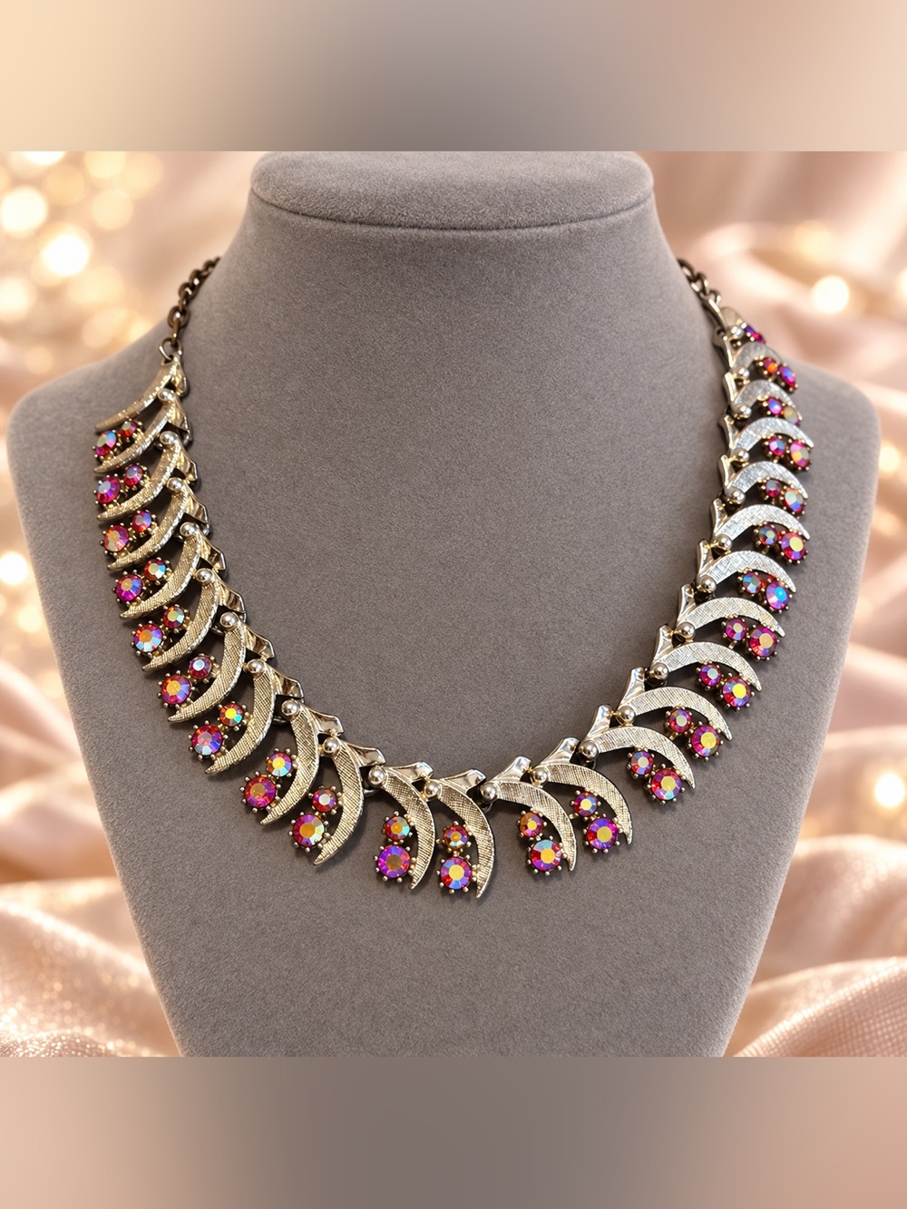 AB Rhinestone Crescent Statement Necklace Adjustable 16”